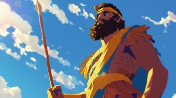 In a powerful moment from the biblical story Goliath stands confidently with a spear showcasing his imposing stature and warrior attire against a stunning blue sky. photo