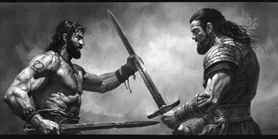In a powerful showdown David stands ready with his sling while Goliath looms large preparing for their legendary confrontation amidst a tumultuous sky. photo