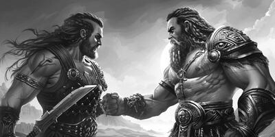 young shepherd boy stands bravely against a giant warrior showcasing the intense moment before their legendary conflict in a timeless landscape. photo