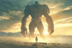 David confronts the towering figure of Goliath holding a sling and exuding bravery. The backdrop features a stunning sunset illuminating the scene. photo