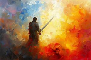 In a dramatic portrayal David holds a sword confidently surrounded by vibrant colors representing the intense struggle between the shepherd and the giant Goliath. photo