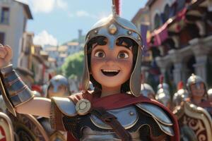 young warrior wearing shiny armor smiles joyfully while raising his hand leading a troop of soldiers through a bustling ancient city adorned with colorful flags. photo