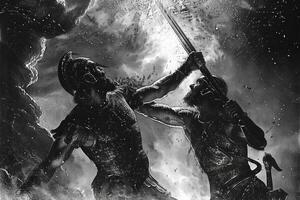 In an intense confrontation David clashes with the giant Goliath illuminated by dramatic lightning symbolizing courage against overwhelming odds in ancient times. photo