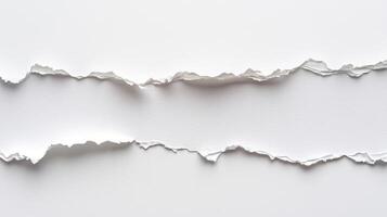 pristine white sheet features a clean horizontal tear creating a unique visual space perfect for text insertion. This minimalist design highlights subtle shadows for added depth. photo