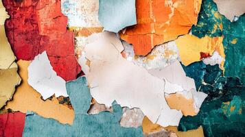 vibrant layers of torn paper provide engaging and dynamic backdrop perfect for artistic endeavors and creative inspirations with an array of colors and textures. photo