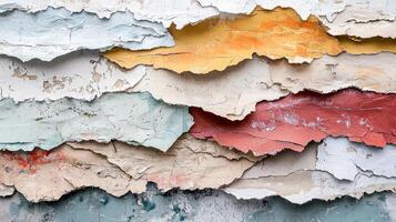 intricate arrangement of overlapping torn paper textures in various colors forms a dynamic abstract backdrop perfect for artistic expressions and creative projects. photo