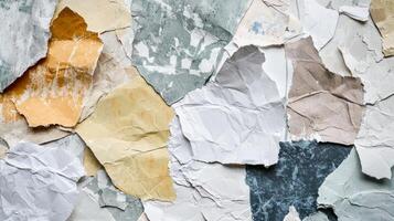 artwork features rich assortment torn paper textures in varied colors and shades layered to form intriguing abstract backdrop ideal for artistic expression and design work. photo