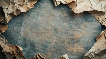 backdrop showcases a crumpled sheet of paper with burnt edges intricately torn to reveal a vintage aesthetic. This adds depth and character to creative projects. photo