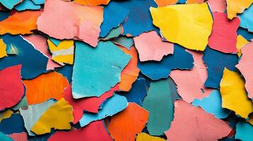 Layers of multicolored torn paper come together in a mesmerizing display of texture and vibrancy offering endless possibilities for creative expression in design projects. photo