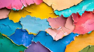 captivating arrangement of multicolored torn paper pieces forms a dynamic and textured backdrop perfect for various creative designs and artistic endeavors. photo