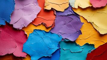 Vibrant layers of torn paper in various colors create a textured backdrop ideal for artistic projects and creative mockups evoking imagination and inspiration. photo