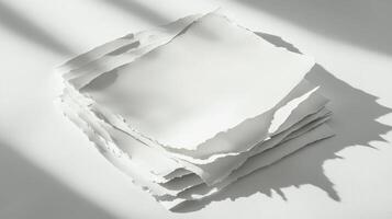 composition features a stack of torn papers with uneven edges gently casting soft shadows on a light surface ideal for artistic and creative presentations. photo