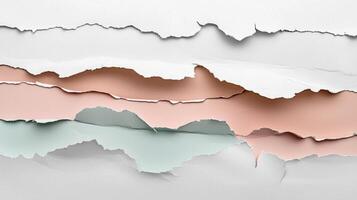 Crisp white torn paper layers reveal serene pastel shades below creating an elegant and artistic composition perfect for backgrounds and creative designs. photo