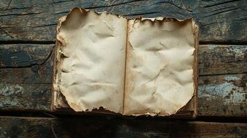 rugged edges of torn notebook paper lie on a weathered wooden table illuminated by soft natural light evoking a sense of nostalgia and creativity. photo