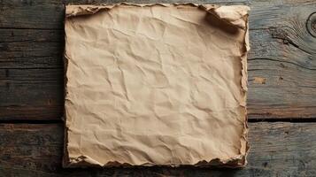 Vintage torn notebook paper rests on a rustic wooden surface illuminated by gentle natural light perfect for adding a creative touch to any project. photo