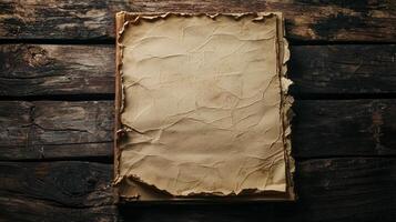 rugged edges torn notebook paper lay prominently on a weathered wooden table beautifully highlighted by warm natural lighting that enhances its texture and age. photo