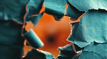 torn paper hole sits at the center offering a glimpse of a blurred and colorful backdrop. The exploration of texture adds depth and visual interest to the composition. photo
