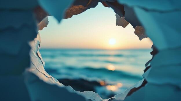 torn paper creates a unique frame offering a glimpse of a mesmerizing sunset on the horizon highlighting the blend of creativity and natural splendor. photo