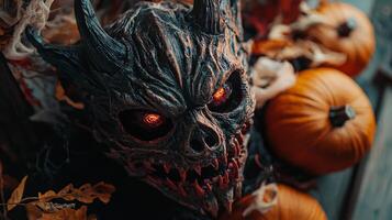 striking flat lay composition showcases a terrifying demon mask with glowing eyes nestled among vibrant pumpkins and autumn leaves perfect for Halloween decorations. photo