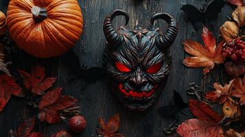 scary demon mask rests near an orange pumpkin surrounded by colorful autumn leaves and decorative bats perfect for Halloween festivities and celebrations. photo
