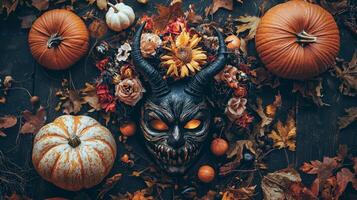 detailed flat lay showcases a frightening demon mask surrounded by pumpkins autumn leaves and decorative flowers creating an eerie Halloween ambiance perfect for festive decor. photo