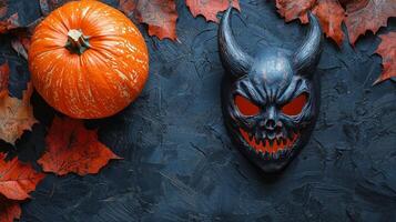vibrant flat layout features a menacing demon mask paired with a vivid orange pumpkin and scattered autumn leaves perfectly capturing Halloweens spooky essence. photo
