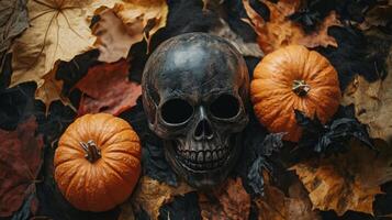 flat lay showcases a scary mask alongside a skull and two pumpkins nestled among vibrant autumn leaves perfect for Halloween celebrations and decor. photo