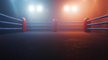 boxing ring is beautifully lit with vibrant spotlights highlighting the striking blue production ropes that stretch parallel across the canvas creating an electrifying atmosphere. photo