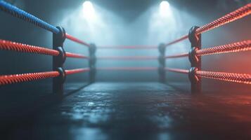 boxing ring is set and ready with vibrant red and blue ropes creating an atmosphere of anticipation. Soft lighting casts shadows inside the venue enhancing the mood. photo