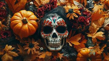 vibrant flat lay composition features a scary mask skull Santa Muerte and bright pumpkins surrounded by colorful autumn leaves and flowers perfect for Halloween. photo
