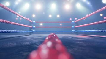 boxing ring is illuminated by bright lights showcasing the colorful production ropes. The setup suggests an event ready to unfold soon in the arena. photo