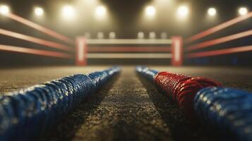 ropes of a boxing ring stretch parallel along the ground illuminated by bright arena lights creating a dynamic atmosphere for an upcoming boxing match. photo