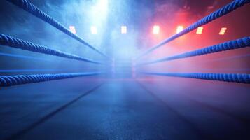 shot captures blue production ropes of a boxing ring set in a foggy environment with striking red and blue lighting creating an electrifying ambiance. photo