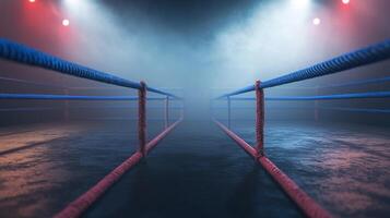 boxing ring stands ready for action illuminated by dramatic lighting as mist swirls around. The colorful ropes outline a space filled with anticipation and excitement. photo