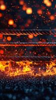boxing ring is engulfed in vibrant flames creating a dramatic atmosphere. Lights dance around enhancing the energy of the night as fighters prepare for battle. photo