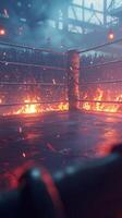 boxing ring is lit dramatically by flames creating an electrifying atmosphere filled with excitement as passionate fans cheer on their favorite fighters at night. photo