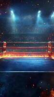 boxing ring is illuminated by dramatic lights and surrounded by flickering flames creating an electrifying atmosphere for a fight night event. The anticipation fills the air. photo