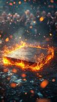 boxing ring is engulfed in flames creating a dramatic and intense backdrop for a night of fierce competition. Spectators eagerly watch the electrifying battles unfold. photo