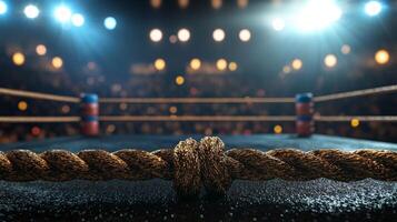 boxing ring is illuminated by bright arena lights with ropes tightly secured around the canvas. The atmosphere is electric hinting at the excitement of an upcoming match. photo