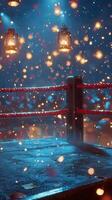 boxing ring is set for an exciting night of fights surrounded by atmospheric lighting and vibrant colors creating a thrilling ambiance for spectators. photo