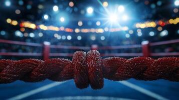 boxing ring with four red ropes tightly stretched illuminated by bright lights in a lively arena capturing the energy of the sport. photo