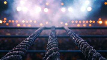 boxing ring showcased with its ropes neatly stretched and an audience eagerly awaiting the upcoming match. The atmosphere is electric with vibrant lights. photo