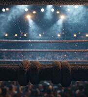 parallel boxing ring ropes tightly stretched amidst a vibrant atmosphere with focused lights illuminating the crowd cheering energetically for the match. photo