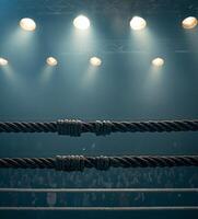 boxing ring features four parallel ropes tightly stretched illuminated by bright lights above. The audiences excitement adds to the charged atmosphere as they await the match. photo