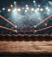 boxing ring features tightly stretched ropes creating a professional setting illuminated by bright lights as the audience eagerly anticipates the match to begin. photo