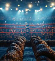boxing ring features four tightly stretched ropes surrounded by an enthusiastic crowd in a vibrant arena. Bright lights add intensity to the atmosphere. photo