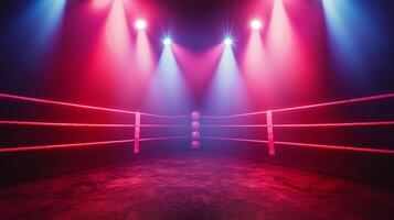 boxing ring is showcased under colorful lights featuring four ropes tightly stretched in parallel. The atmosphere is charged for an exciting match. photo