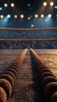 boxing ring features ropes stretched parallel to ground illuminated by warm lights creating a vibrant atmosphere during an exciting night event with cheering spectators. photo