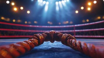 vibrant red boxing ring ropes are stretched parallel in a well lit arena creating a dynamic atmosphere for an upcoming bout or event. photo