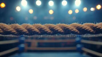 boxing ring ropes are tightly stretched soft glow of lights illuminates the arena setting the stage for an upcoming match filled with anticipation. photo